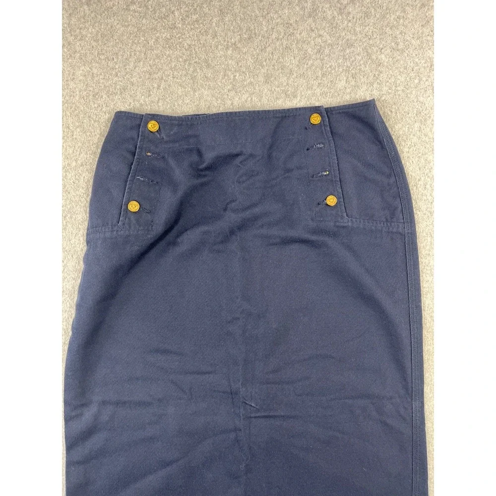 Lauren Ralph Lauren Maxi Skirt Womens 8 Navy Denim Nautical Gold Buttons Lace Up